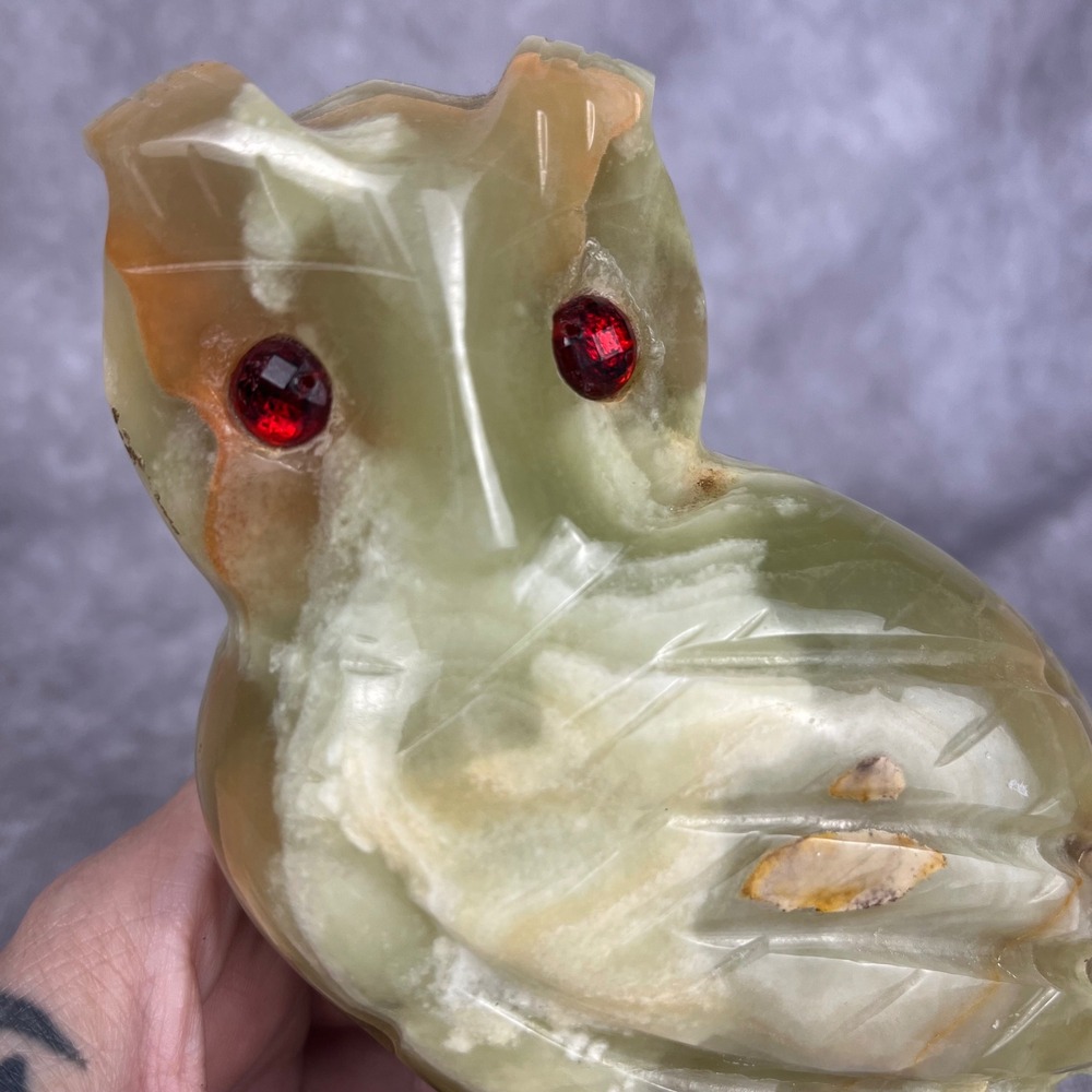 Vtg Owl Decor Green Onyx Carved Figurine Sculpture Red Ruby Eyes Art Paperweight - Picture 3 of 8